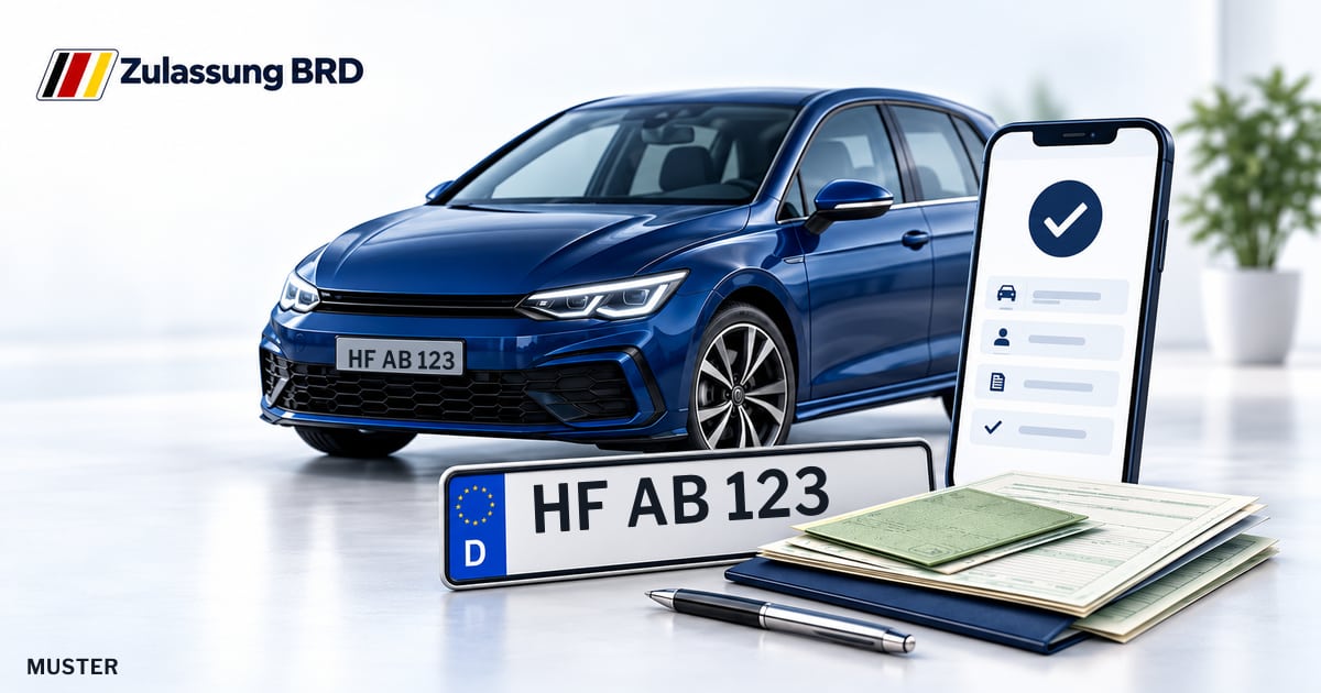 Online Fahrzeugzulassung in Herford: Musterkennzeichen HF AB 123, Auto und Fahrzeugpapiere und Smartphone. Illustration mit Logo von Zulassung BRD.